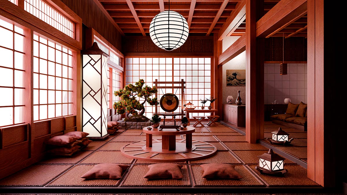 Render 3D de arquitectura japonesa moderna, con detalles inspirados en el diseño tradicional japonés.