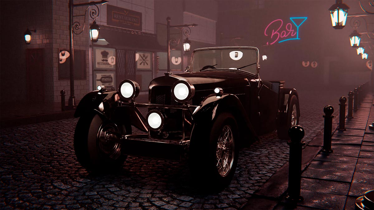 Render 3D de un auto antiguo en las calles de Londres. detalles realistas de la arquitectura urbana