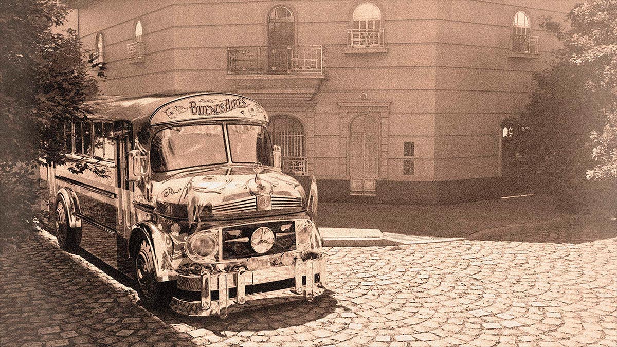 Render 3D de un colectivo antiguo en estilo retro estacionado en las calles de mi barrio, simulando una fotografía vintage