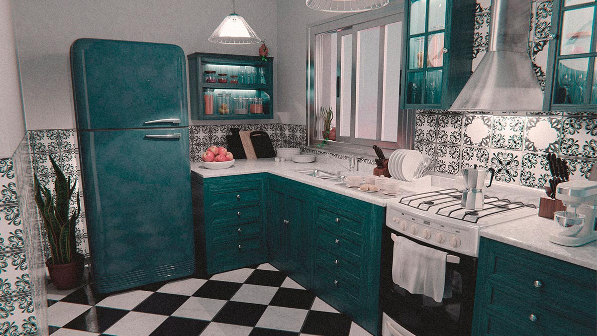 Render 3D de una cocina vintage con elementos clásicos y detalles modernos.