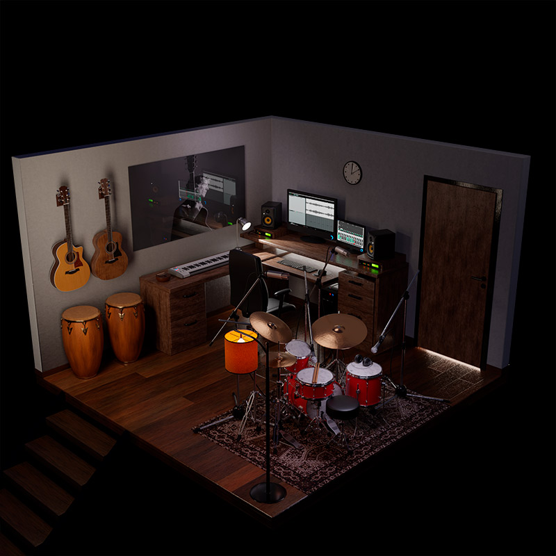 Render 3D de un estudio de grabación para producción musical - Diorama profesional para portafolio